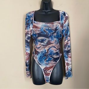Shein Marble Swirl Pattern Printed Long Sleeve Mesh Bodysuit